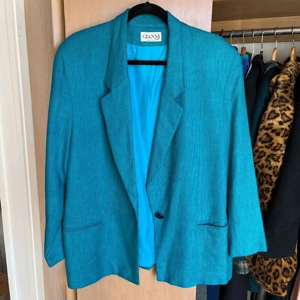Vintage Gianni Sport Bright Teal Textured Blazer Jacket USA Made Size 14